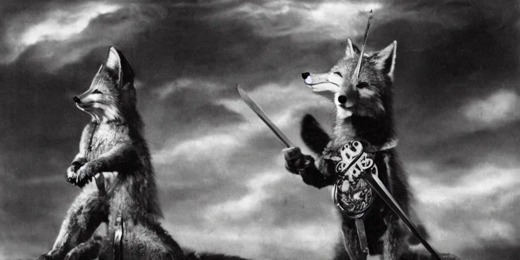 Prompt: anthropomorphic fox who is a medieval knight holding a sword towards a stormy thundercloud 1 9 3 0 s film still