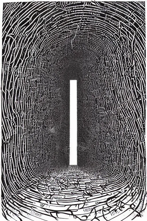 Image similar to surreal tunnel made of books and leaves and vines, art by james o barr and albrecht durer, surreal woodcut engraving, black and white, vector, vector art