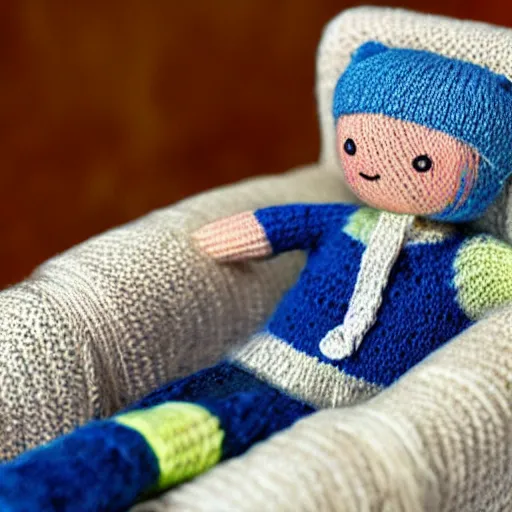 Image similar to Knitted yarn doll Ryan Gosling sits on a rocking chair, realism, proportions,