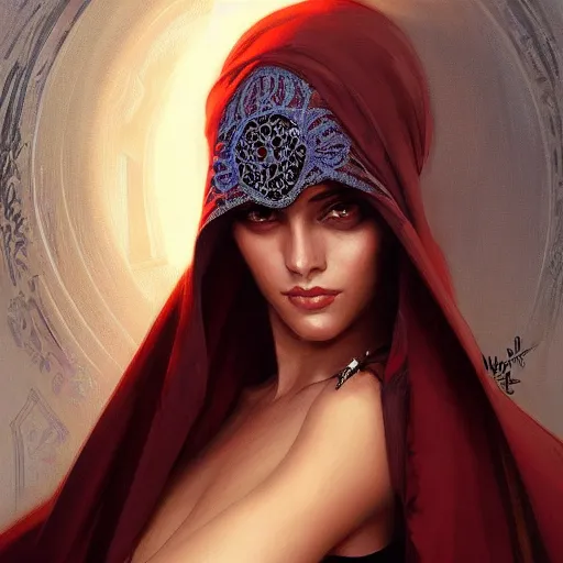 Image similar to Portrait of very very very very very very beautiful Arab woman, Niqab, glowing magical eyes, intricate, elegant, highly detailed, digital painting, artstation, concept art, smooth, sharp focus, illustration, art by artgerm and greg rutkowski and alphonse mucha