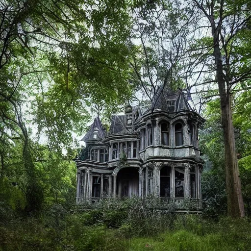 Image similar to abandoned victorian mansion, cobwebs, haunted, nestled into a clearing in a forest, light shining through the foliage