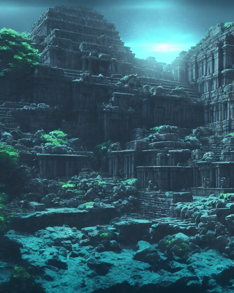 Prompt: ultrawide shot of submerged pre - incan temple, anime style mixed with fujifilm, dark, underwater, symmetrical, bubbles, abyss, dark, murky, foggy, atmospheric, crepuscular rays, artstation, cgsociety, octane render, cgi, unreal engine 5, denoise, detailed, cinematic masterpiece