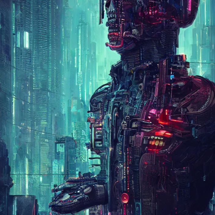 Prompt: cyberpunk skull, intricate abstract. sharp teeth. delicate artwork. by Tooth Wu, wlop, beeple, dan mumford. octane render, trending on artstation, greg rutkowski very coherent symmetrical artwork. cinematic, hyper realism, high detail, octane render, 8k, depth of field, bokeh. chrome accents.