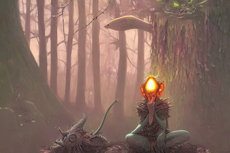 Prompt: a goblin shaman meditating in amossy tangled forest by Shaun Tan and Moebius, trending on artstation