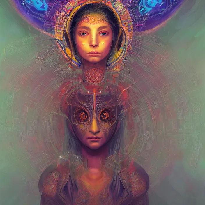 Image similar to portrait of a future metaverse ayahuasca tech shaman warrior, 2 d cartoon, visionary art, symmetric, magick symbols, holy halo, shipibo patterns, sci - fi, concept art, trending on art station, 8 k digital art, by mandy jurgens, fantasy portrait art, anime