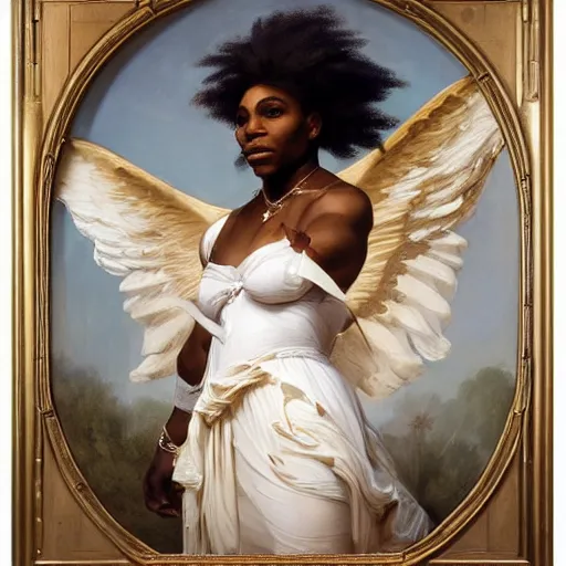 Image similar to Portrait of Serena Williams with wings as Nike Goddess standing proud, large wings, luxuriant, dreamy, eternity, romantic, strong pose, highly detailed, in the style of Franz Xaver Winterhalter, highly detailed, in the style of Aetherpunk