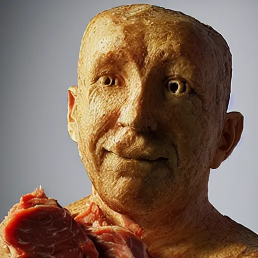 Image similar to a sculpture of chappy, made out of meat