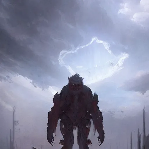 Prompt: an immense huge gigantic beautiful terrifying pale humanoid giant looms over a tiny human. dramatic fantasy art by greg rutkowski