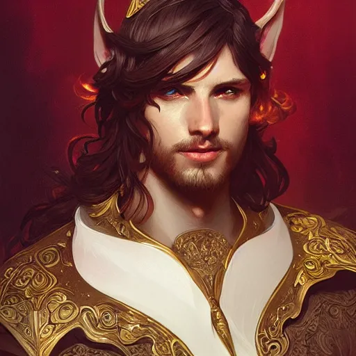 Prompt: full portrait of beautiful male paladin elf man with wavy dark hair, intricate, elegant, highly detailed, digital painting, artstation, concept art, smooth, sharp focus, illustration, art by Krenz Cushart and Artem Demura and Alphonse Mucha,