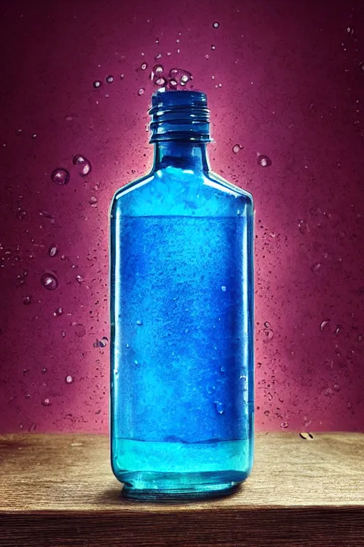 Prompt: art concept of a blue and magenta liquid dietary supplement in a transparent bottle designed like a racing tyre mixed with a an exotic woodboard, cold sober tones, style by huang guangjian