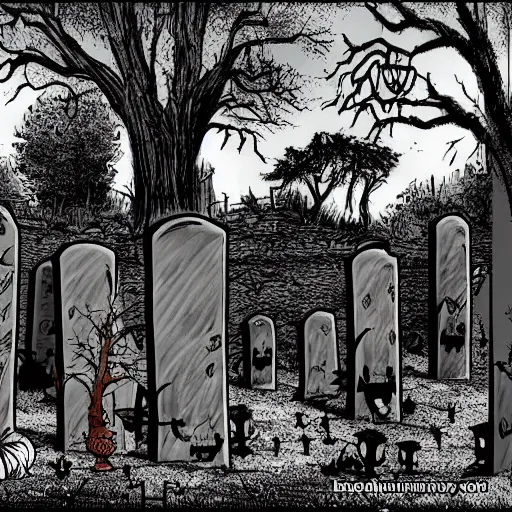 Prompt: movie scene, graveyard tombstones, haunted mansion, bats, halloween scene, scary, zombie's, high detail, film scene, dark