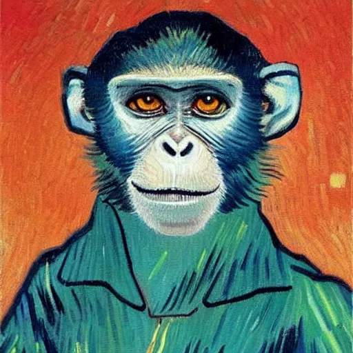 Image similar to a beautiful oil painting of a monkey in a tesla , 8k , award winning , made in 1800's , old , painted by vincent van gogh