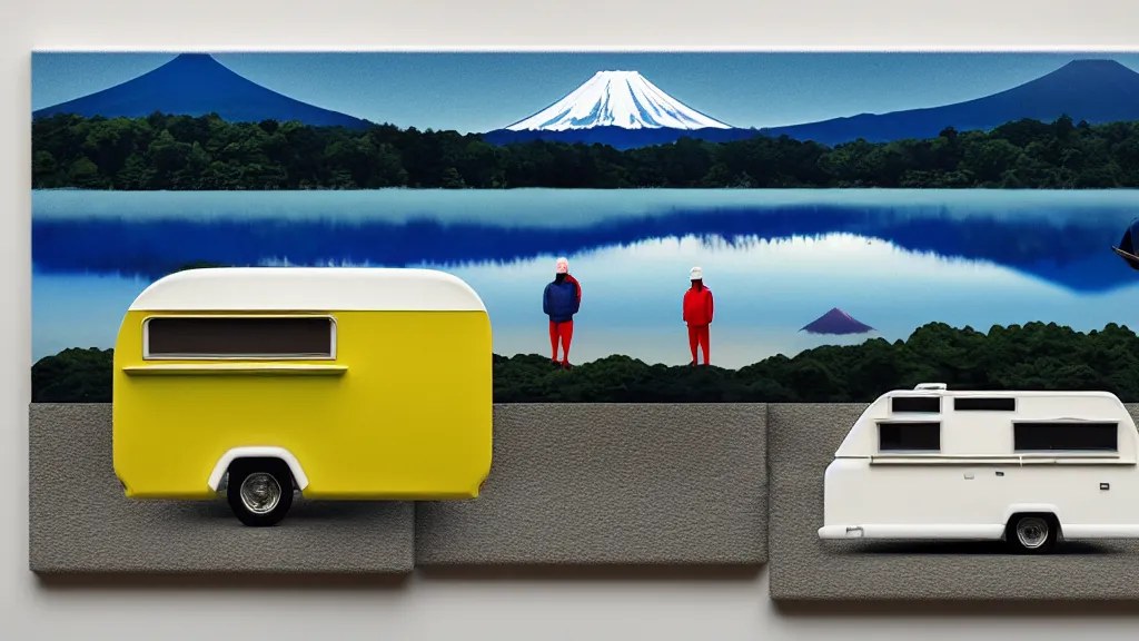 Image similar to a scene of two travellers and their camper touring at yamanaka lake, reflecting mount fuji, japan, a collage painting, in the style of wes anderson, lola dupre, david hockney, isolated on negative white space background dark monochrome neon spraypaint accents volumetric octane render