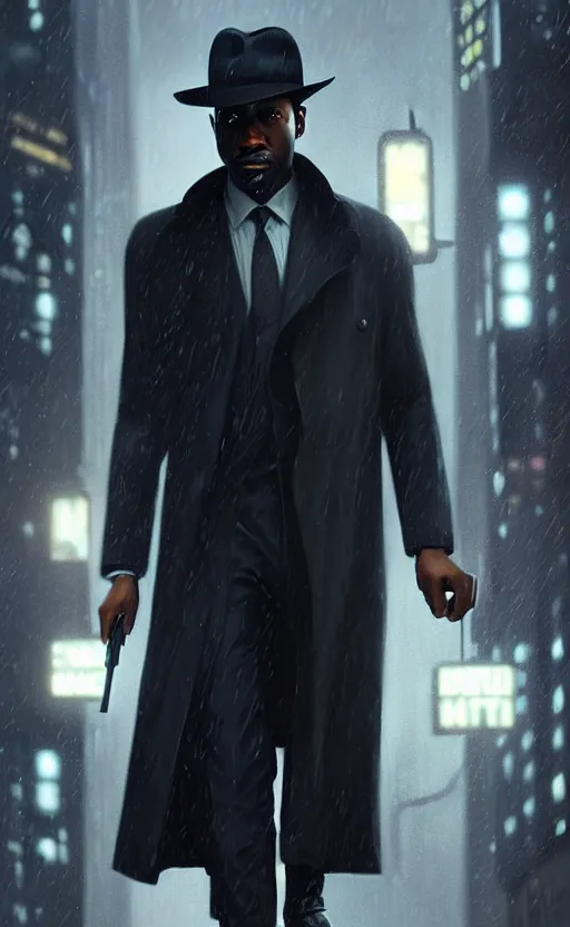 Prompt: hyper - realistic, digital matte painting of an attractive black male detective wearing a fedora, suit and trench coat, blade runner environment, cinematic lighting, 4 k textures, sharp focus, by greg rutkowski, by ilya kuvshinov, by eric - anthony johnson