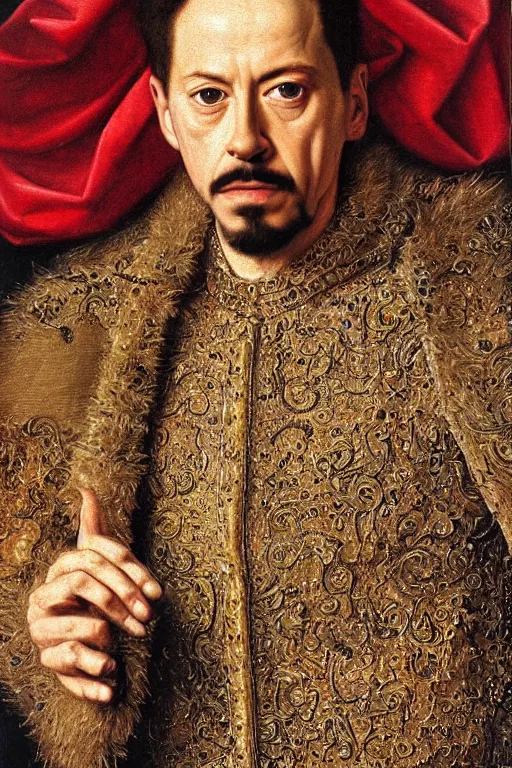 Image similar to portrait of tony stark, oil painting by jan van eyck, northern renaissance art, oil on canvas, wet - on - wet technique, realistic, expressive emotions, intricate textures, illusionistic detail