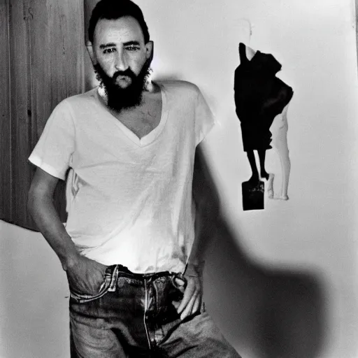 Image similar to fidel castro posing while wearing denim shorts, full body portrait, 3 5 mm film, by nan goldin