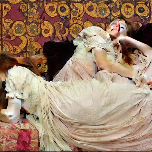 Image similar to a realistic portrait of a teenage girl who looks lie Chloe Grace Moretz and Saoirse Ronan lying on the floor, wearing a nightgown like Flaming June, by Frederic Leighton, Alphonse Mucha, Edward Burne Jones