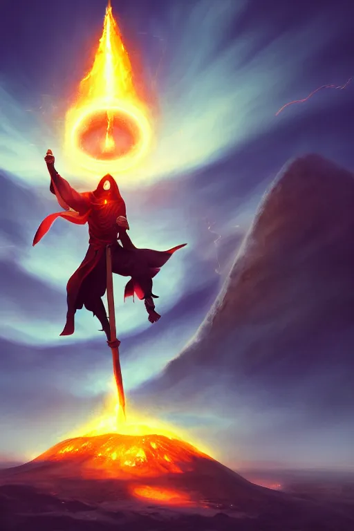 Image similar to levitating mage wielding a spear opening a shining portal pulsating in the night sky, horizon of an erupting volcano, trending on artstation, cgsociety, behance hd