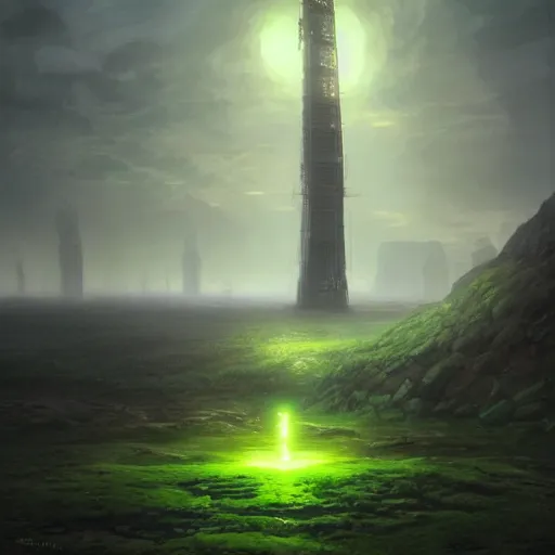 Prompt: A huge tower in a deserted landscape emitting a green light in the distance, dark atmosphere, intricate, cinematic lighting, highly detailed, digital painting, artstation, concept art, smooth, sharp focus, illustration, art by Artgerm and Greg Rutkowski, Cgsociety