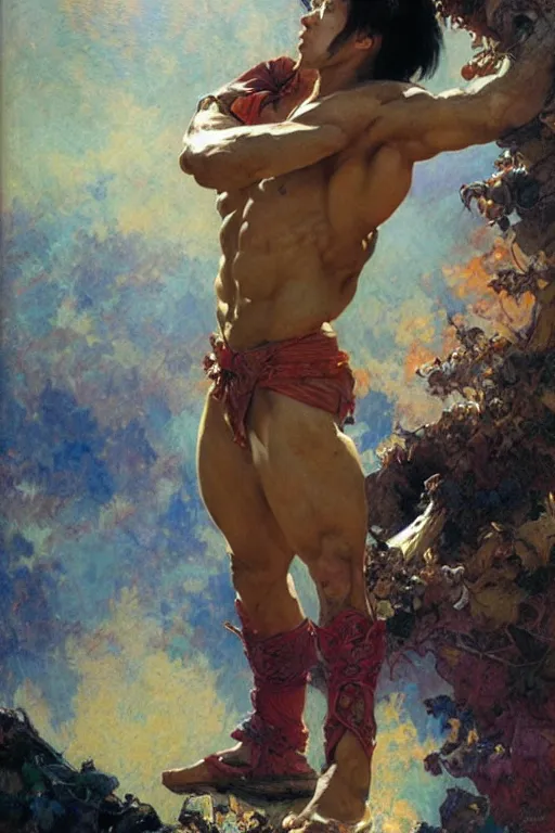 Image similar to attractive muscular man, short hair, wuxia, colorful, painting by gaston bussiere, craig mullins, greg rutkowski, alphonse mucha