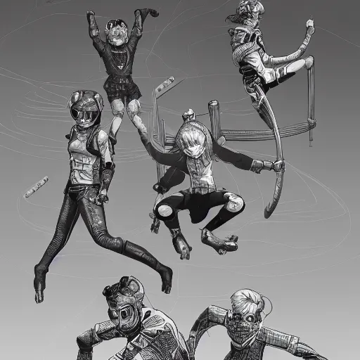 Image similar to rpg character concept art, three cyborgs doing acroyoga while floating in cosmic space, intricate detail, in the style of jamie hewlett kawase hasui riyoko ikeda, 3 d render, artstation trending, 8 k, octane render, photorealistic, sharp detail, manga, black and white