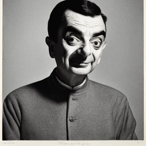 Image similar to a photograph of mr bean by man ray