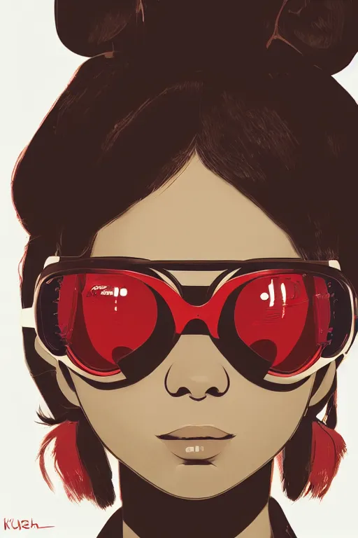 Prompt: face of a beautiful girl wearing goggles, brown skin, symmetrical, ilya kuvshinov, jamie hewlett, yoji shinkawa, muted colors, portrait, beautiful detailed illustration, 17th century oil painting, flat colors, studio ghibli, cel shading, loish, pop art,