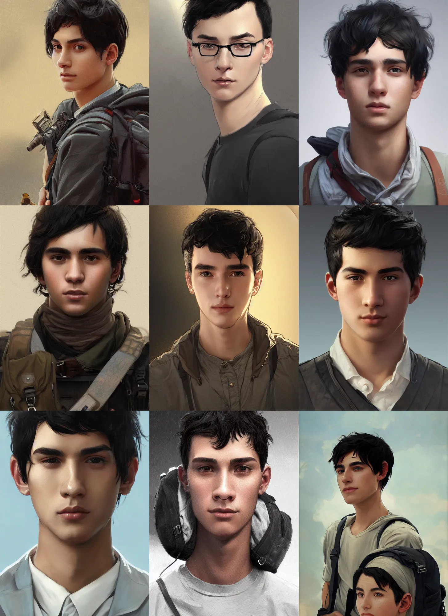 Prompt: Close-up portrait of kind young man with short black hair, with a backpack, slightly dirty face, transparent background, png, highly detailed, digital painting, artstation, concept art, sharp focus, illustration, art by artgerm and greg rutkowski and alphonse mucha