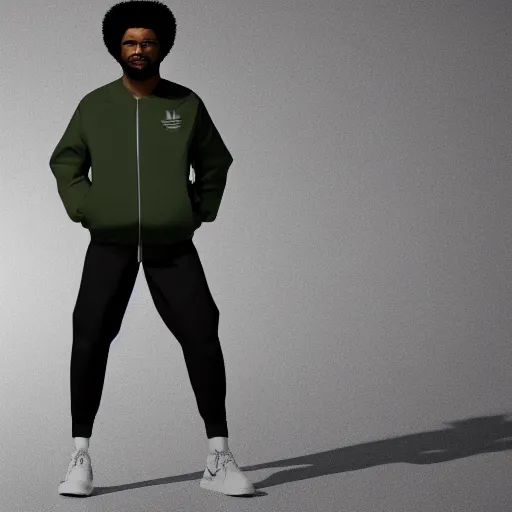 Image similar to low polygon render of a black man with afro hair and raspy bear stubble, wearing an army green adidas jacket, high quality, minimalist