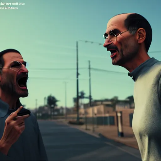 Prompt: steve jobs yelling at an employee, 30mm photography, gta artstyle, wide shot, dramatic lighting, octane render, hyperrealistic, high quality, highly detailed, artstation, HD, beautiful, cinematic, 8k, unreal engine, facial accuracy, symmetrical