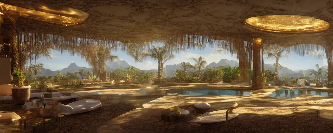 Image similar to surreal hyper luxury spa with intricate golden details with view to arid mountains and palm forest, ultra detailed, photorealism, sharp focus, volumetric light, global illumination