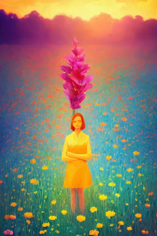 Image similar to closeup, giant flower head, girl in suit standing in a field of flowers, surreal photography, sunrise, blue sky, dramatic light, impressionist painting, digital painting, artstation, simon stalenhag