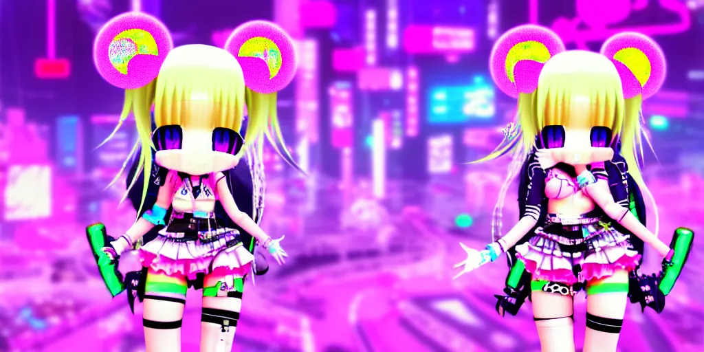 Image similar to 3 d anime render of a decora gyaru kawaii cybergoth emo fashion model vtuber, in a cyberpunk blade runner maximalist city of my melody sanrio plushies, artstation cgsociety