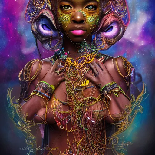 Image similar to professional photograph portrait of African Elvin princess, fantasy surrealism, intricate complexity, manga styling, intricate complexity, subsurface scatter, drum scanner, 8k render