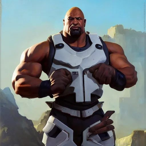 Image similar to greg manchess portrait painting of fully armored the foundation aka dwayne the rock from fortnite as overwatch character, medium shot, asymmetrical, profile picture, organic painting, sunny day, matte painting, bold shapes, hard edges, street art, trending on artstation, by huang guangjian, gil elvgren, ruan jia, greg rutkowski, gaston bussiere