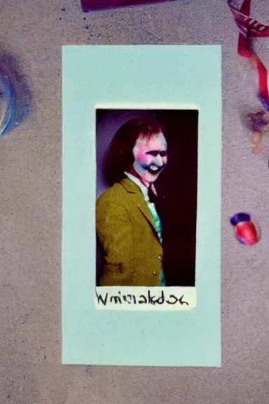 Prompt: a shaky Polaroid of Willy wonka smiling menacingly with blood smeared on the photo