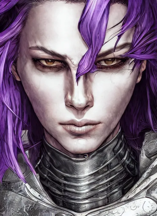 Image similar to close up portrait of a pale woman in leather armor with purple hair, powerful, domineering, stoic, masterful, intense, ultrafine hyperdetailed illustration by kim jung gi, irakli nadar, intricate linework, sharp focus, octopath traveler, yoji shinkawa, highly rendered, detailed, concept art