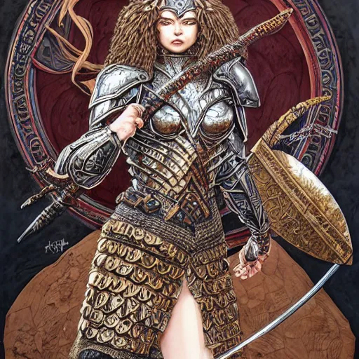 Image similar to a fierce and muscular warrior princess in full armor, fantasy character portrait in jacek yerka and aykut aydogdu leslie zhang style drawn by vania zouravliov and takato yamamoto,, intricate acrylic gouache painting, high detail, sharp high detail, artstation, manga and anime