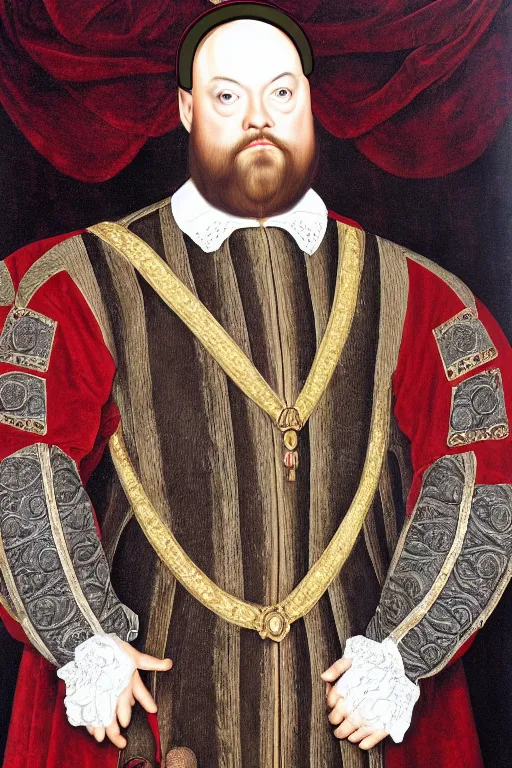 Prompt: huw edwards, portrait, dressed as henry viii, historical, oil painting, photorealistic