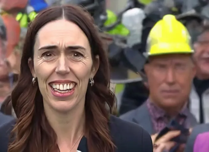 Prompt: Jacinda Ardern smiling to camera in a news report, as buildings are burning and people are looting in the background.