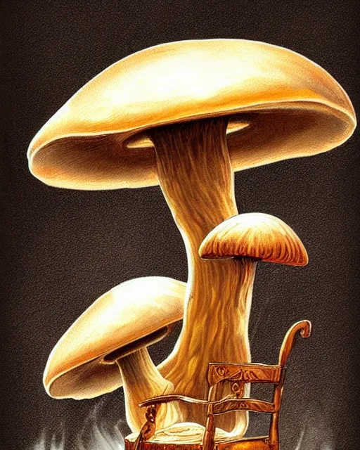 Image similar to portrait of a mushroom sitting in a chair by the fireplace, science fantasy painting, elegant intricate digital painting artstation, art by normal rockwell, detailed