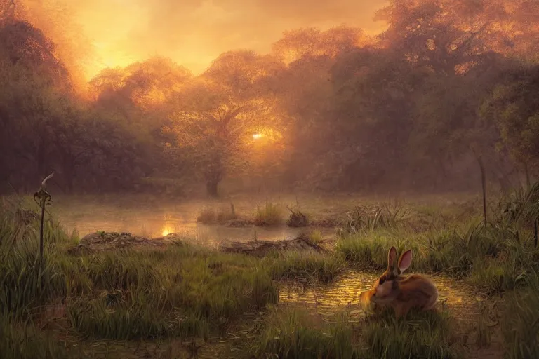 Image similar to fantasy painting, dungeons and dragons, a faerie village, swamp reeds wetland marsh sunset with ominous shadows, a bunny by jessica rossier and brian froud cinematic painting