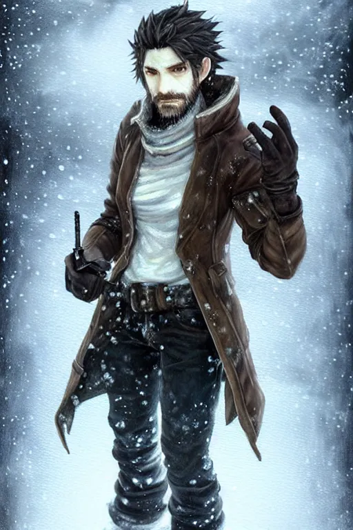 Prompt: man, stubble beard, brown! messy hair, brown eyes, pale skin, black gloves!! and boots, white shirt blue jeans!! dark coat standing in snow an ultrafine detailed painting, detailed painting, detailed eyes!!, final fantasy octopath traveler lovecraft ghibly