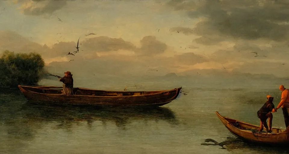 Image similar to painting of a fisherman and a cormorant on a fishing boat in romantic style, sfumato