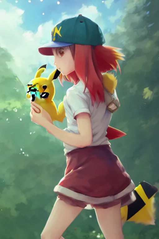 portrait of cute pokemon trainer girl with vibrant red, Stable Diffusion