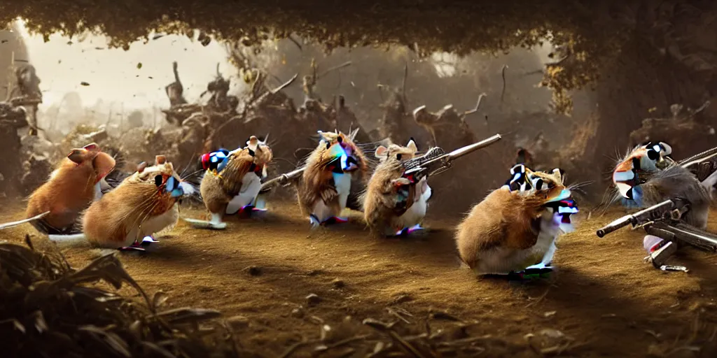 Image similar to highly detailed image of hamsters in a battle, hamsters, hamsters holding rifles, stephen bliss, unreal engine, fantasy art by greg rutkowski, global illumination, radiant light, detailed and intricate environment