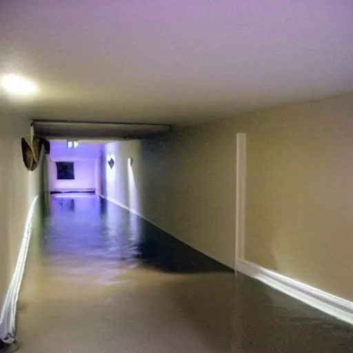 Prompt: a flooded basement hallway. the ceiling is flooded. craiglist photo.
