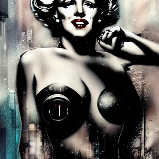 Image similar to marilyn monroe cyberpunk, cigarette dangling, grenade in hand, by pascal blanche, ultradetailed, 8 k