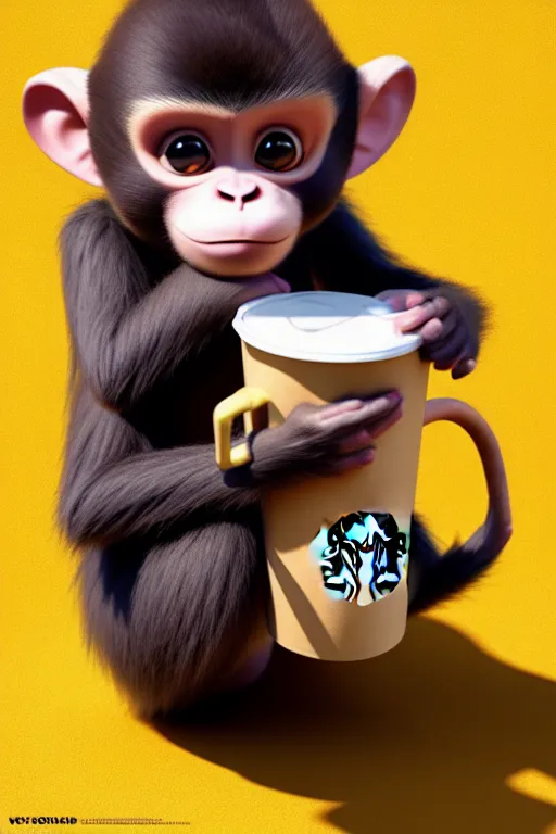 Prompt: high quality 3 d render hyperrealist very cute monkey with a starbucks coffee, vray smooth, in the style of detective pikachu, hannah yata, very dramatic light, low angle, uhd 8 k, shallow depth or field