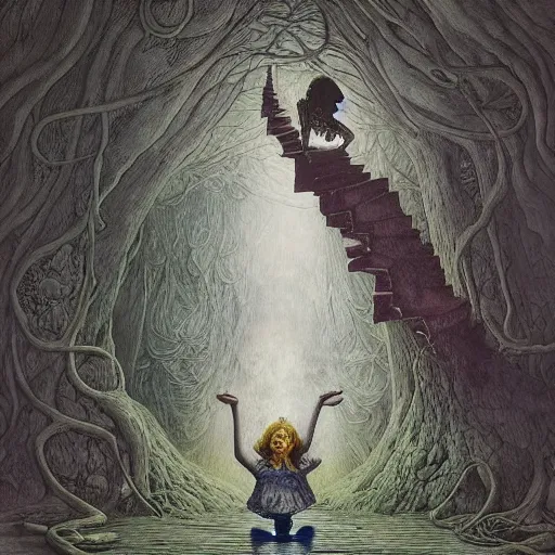 Image similar to girl falling down a rabbit hole into wonderland by by Alexander by Alexander Jansson, Dariusz Zawadzki, Zdzisław Beksiński, Gustave Doré and Greg Rutkowski, Dariusz Zawadzki, Zdzisław Beksiński, Gustave Doré and Greg Rutkowski